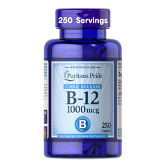 Puritan's Pride Timed Release B-12 bottle label highlights energy support.