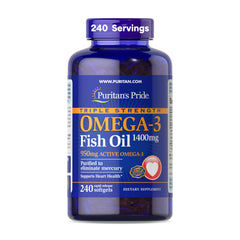 Puritan's Pride triple strength omega-3 bottle with essential EPA and DHA for heart and joints.