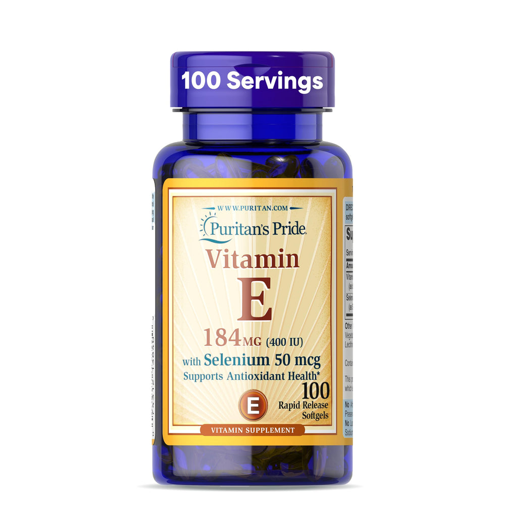 Puritan's Pride Vitamin E 400 IU softgels label highlighting immune support