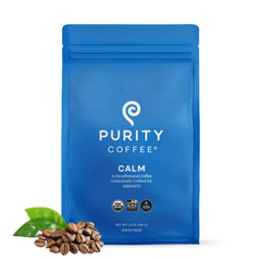 Purity Coffee CALM decaf bag front showing organic beans for late-day sipping