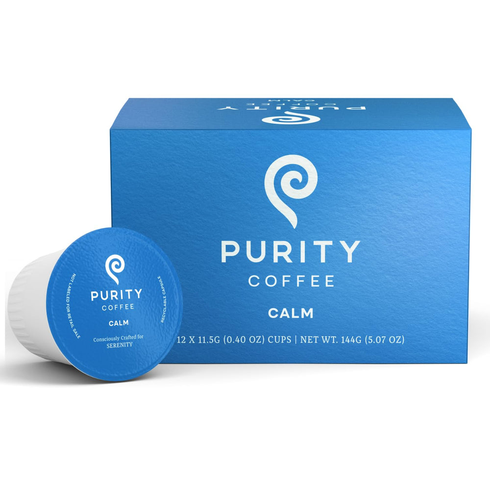 Purity Coffee CALM K Pod box showing decaf packaging for easy daily use