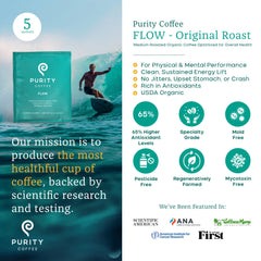 Purity Coffee FLOW label showing third-party testing and organic certifications