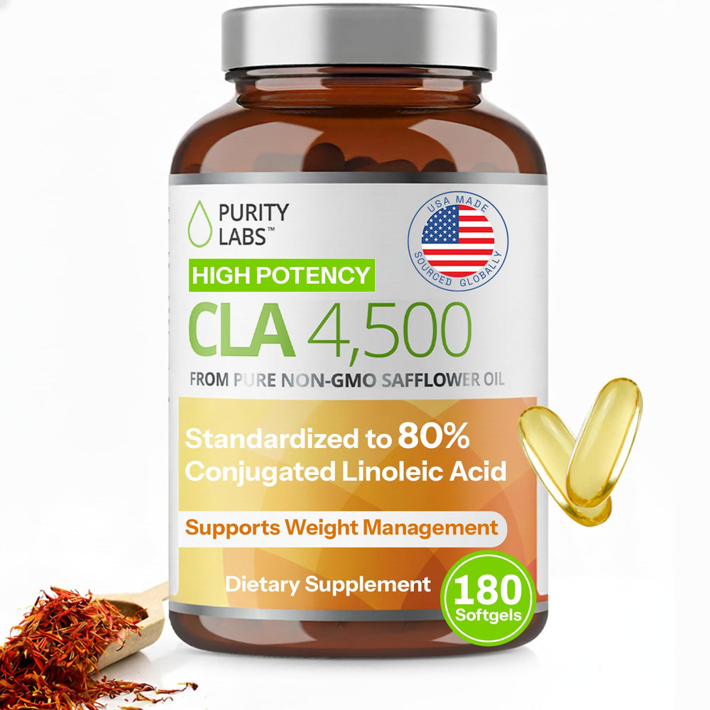 Purity Labs CLA 4500MG softgels bottle shows high-potency safflower oil for lean muscle support.