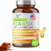 Purity Labs CLA 4500MG softgels bottle shows high-potency safflower oil for lean muscle support.