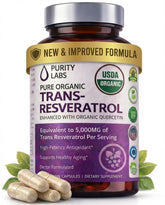 Purity Labs Trans-Resveratrol bottle shows daily vitality with organic antioxidant power.