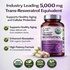Purity Labs Trans-Resveratrol capsules offer convenient vegan antioxidant support.