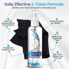 Purity Lens Cleaner kit with bottles ready for safe, streak-free cleaning.