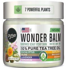 Puriya Wonder Balm bottle close-up offering quick itch relief for active skin