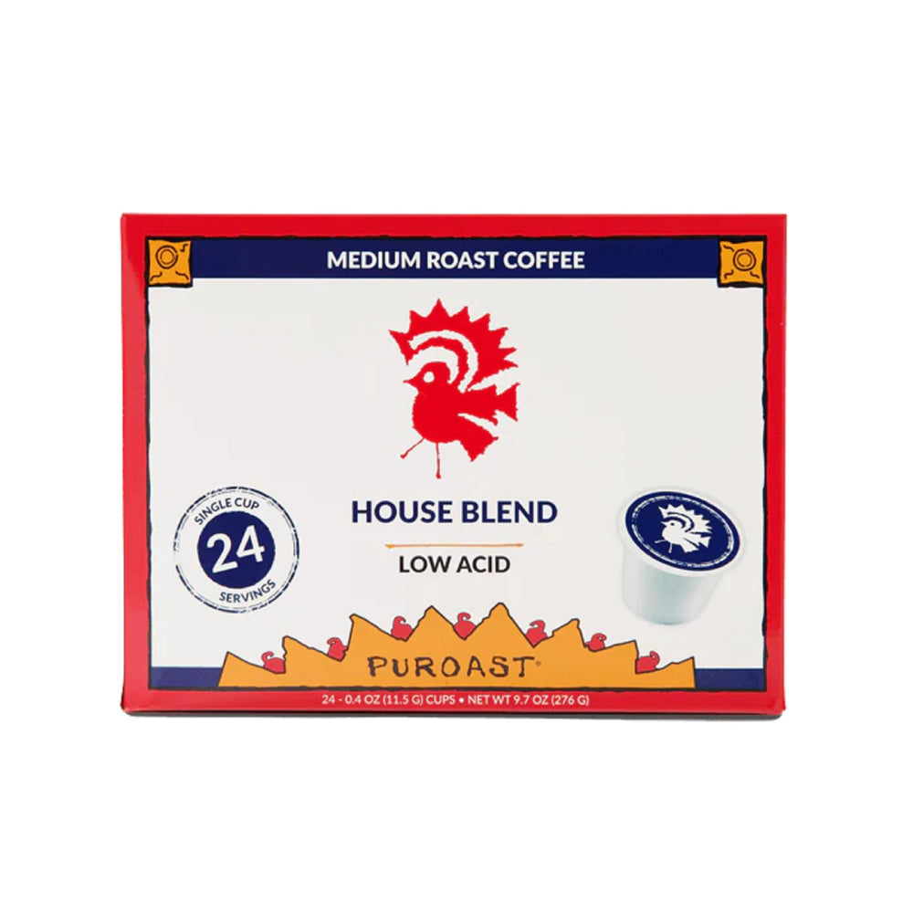 Puroast Low Acid Coffee House Blend pods, smooth medium roast with reduced acid for sensitive stomachs