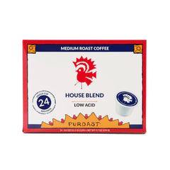 Puroast Low Acid Coffee House Blend pods, smooth medium roast with reduced acid for sensitive stomachs