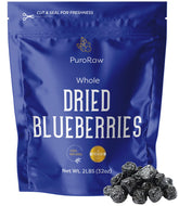 PuroRaw dried blueberries bulk bag front showing resealable pouch for long shelf life.