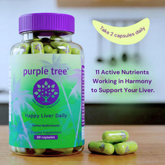 Purple Tree Happy Liver Daily capsules closeup—plant-based capsules for antioxidant support.