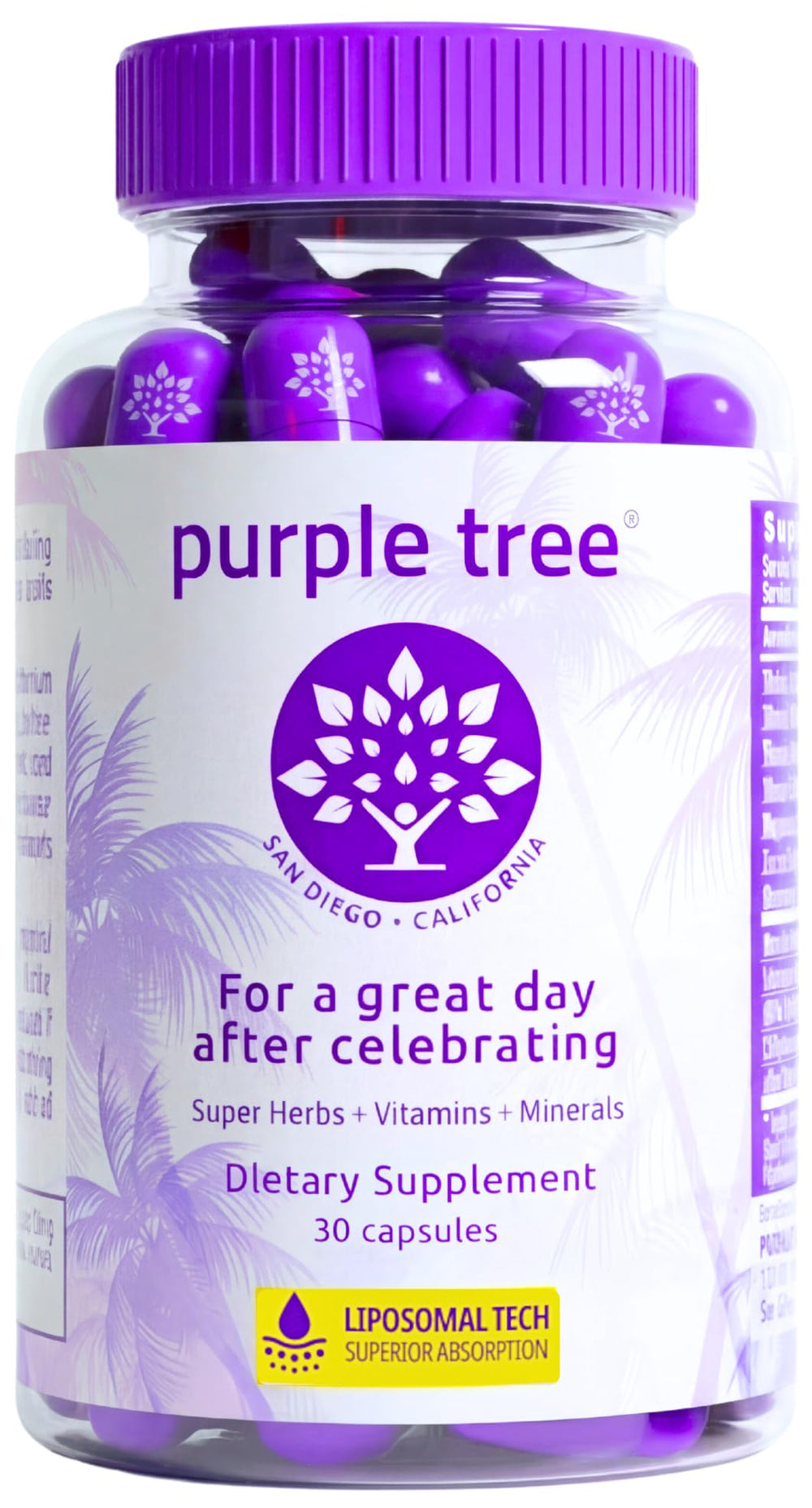 Purple Tree post-celebration bottle with capsules for recovery and hydration.
