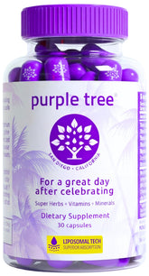 Purple Tree post-celebration bottle with capsules for recovery and hydration.