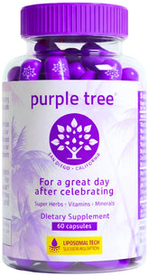 Purple Tree post-celebration supplement bottle supports hydration after social events.