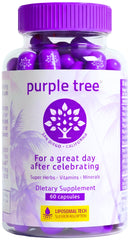 Purple Tree post-celebration supplement bottle supports hydration after social events.
