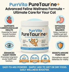 PurrVita Taurine powder being sprinkled over wet food for seamless ingestion.