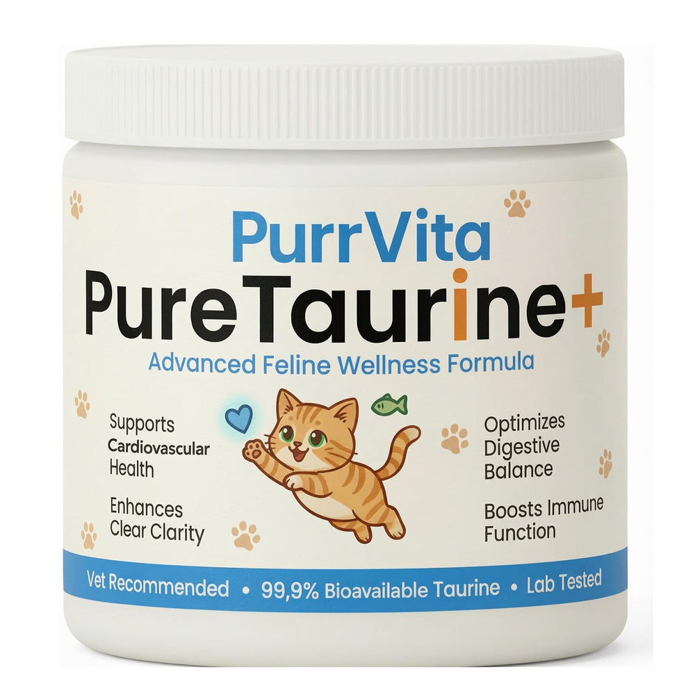 PurrVita Taurine supplement bottle supports daily feline vitality and balanced nutrition.