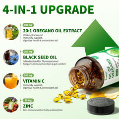 PWERD oregano oil label closeup highlighting 300 mg per softgel for potent daily support.