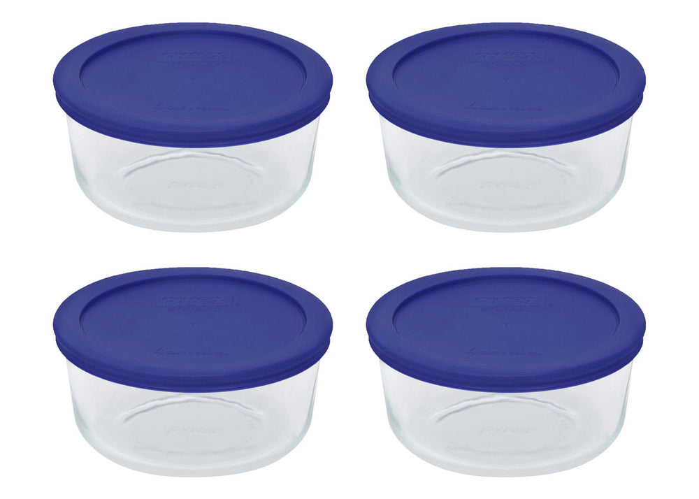 Pyrex 7201 four-cup glass bowls with cadet blue lids keep leftovers fresh.