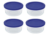 Pyrex 7201 four-cup glass bowls with cadet blue lids keep leftovers fresh.