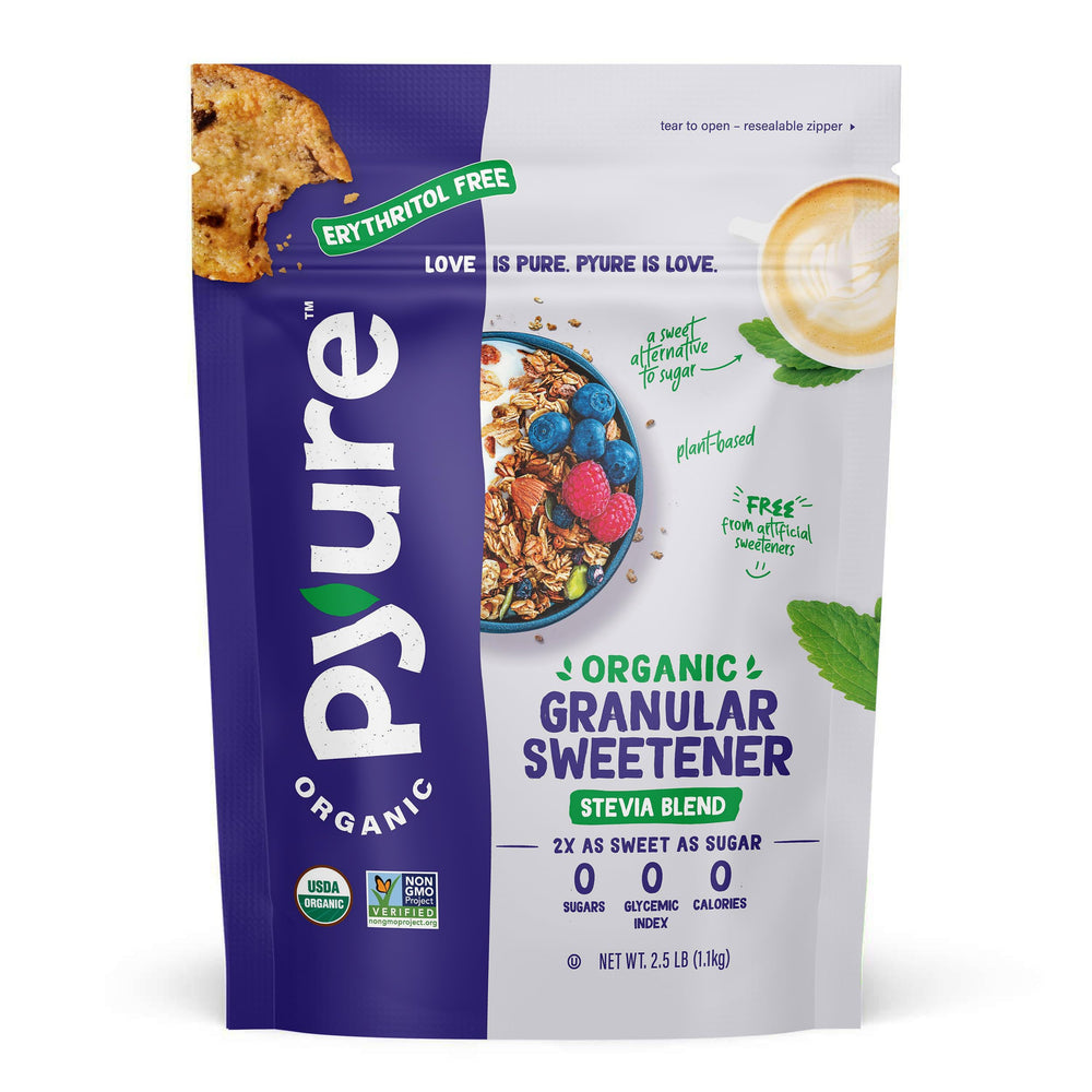 Pyure Stevia Blend bottle dispensing clean, zero-calorie sweetness for daily use.