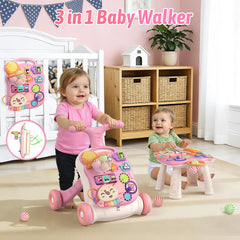 QDRAGON 3in1 baby walker pink side view highlights stable base for confident steps.