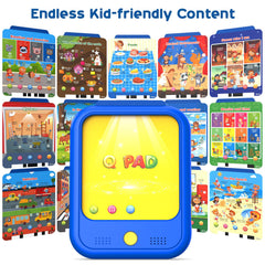 Qiaojoy learning cards displaying alphabets and foods across 40 pages for vocabulary