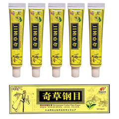 QICAOGANGMU Chinese Herbal Cream bottle on wood for natural skin relief.