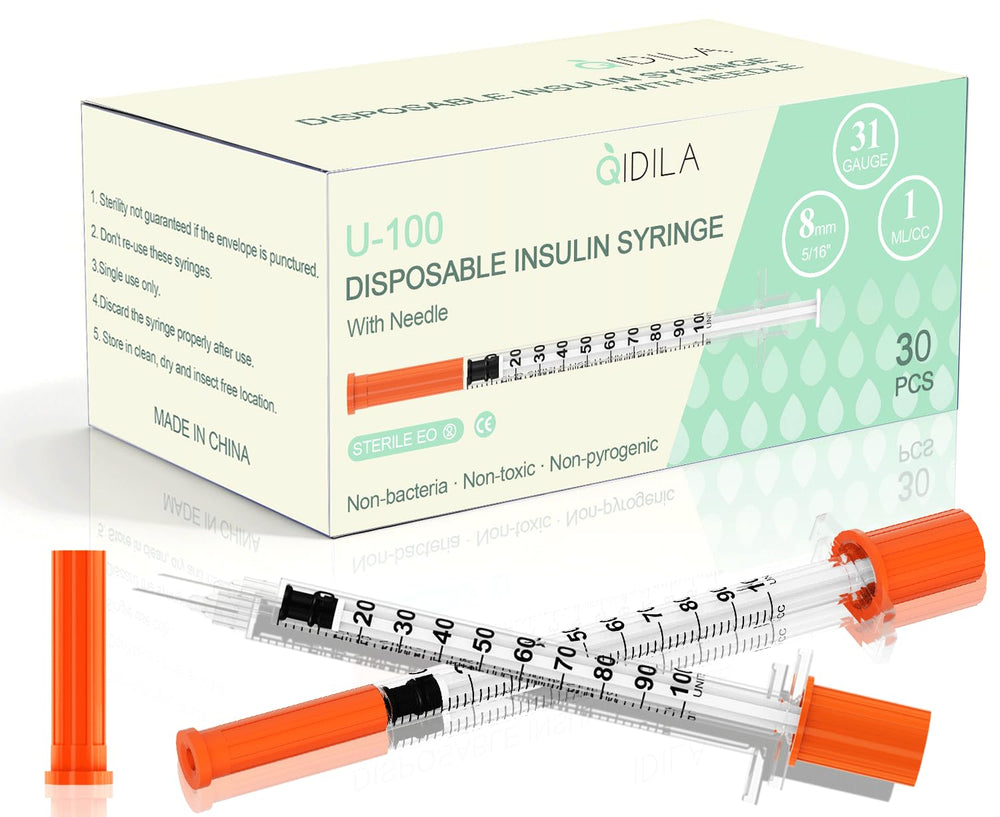 QIDILA U-100 syringe with 31G needle ready for precise insulin dosing.