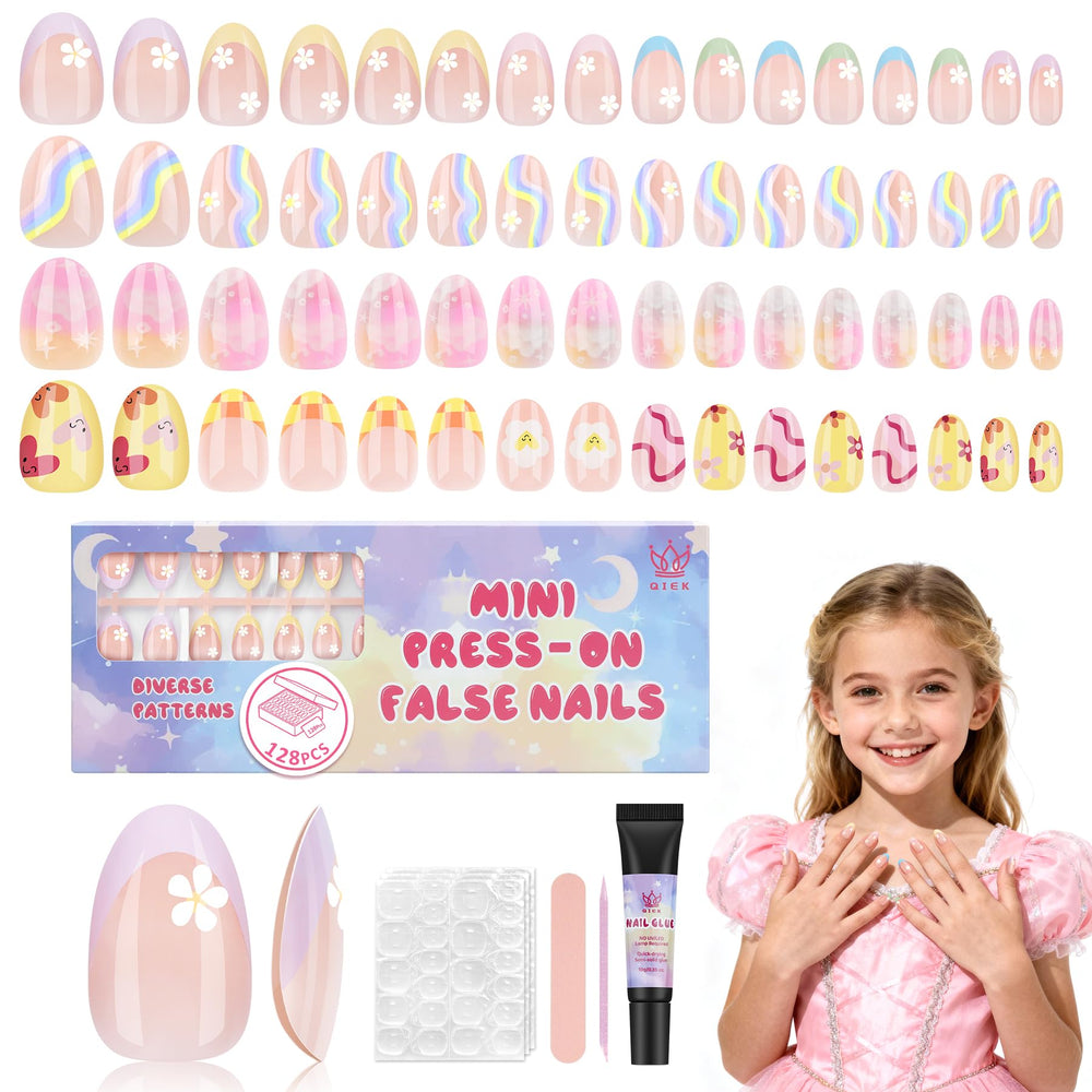 QIEK kids press-on nails with 16 sizes and floral designs for ages 8-12.