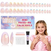 QIEK press-on nails for kids with colorful flower designs, easy to apply.