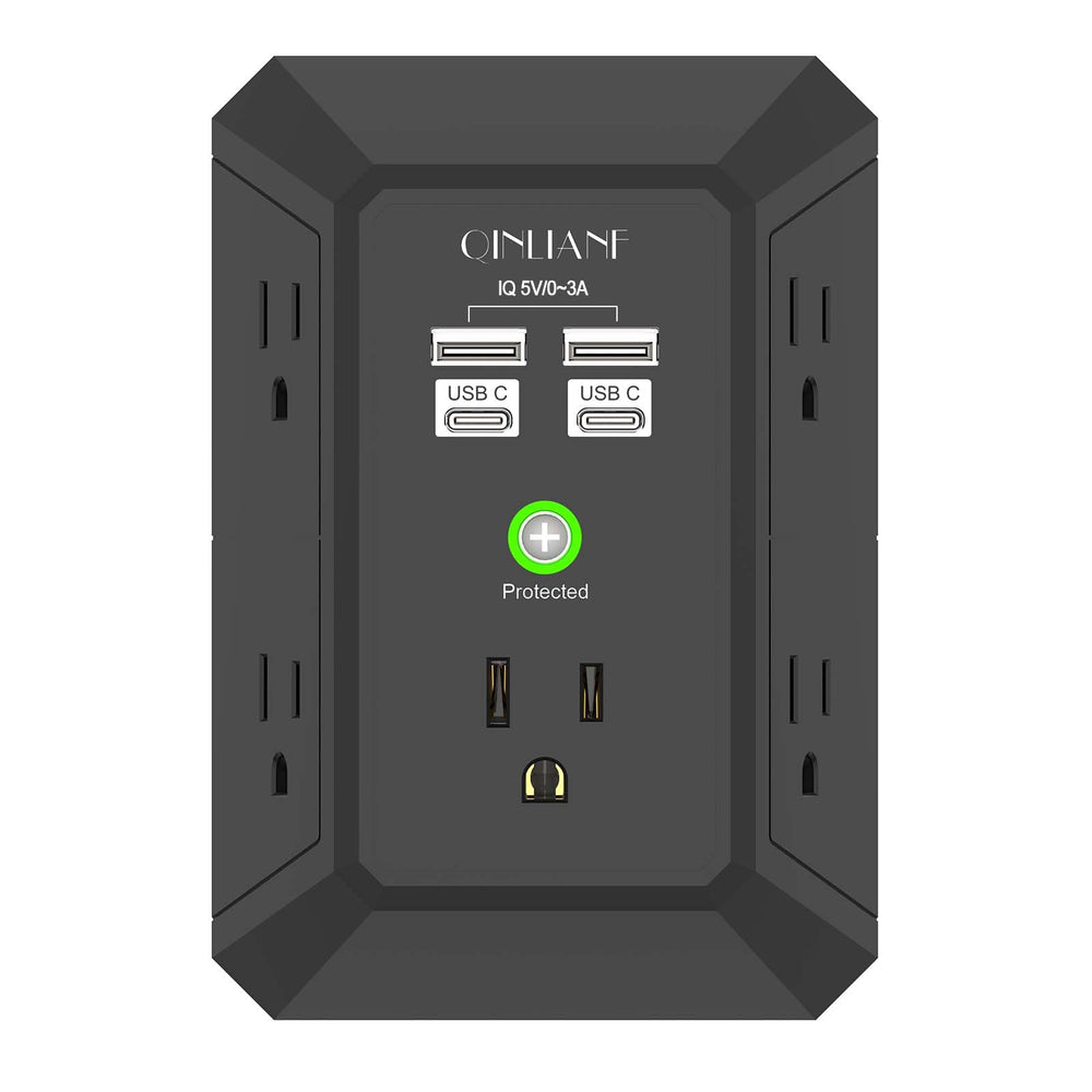 QINLIANF USB wall charger with 3-sided outlets for secure, space-saving mounting.