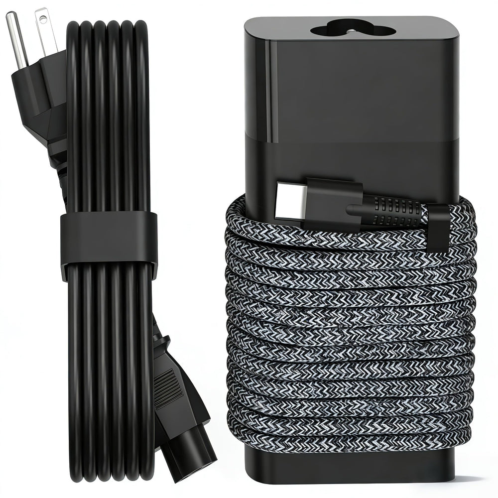 QIOUZW 65W USB-C laptop charger shown for travel and home use.