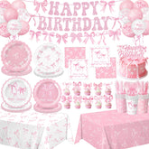 QIYANPAX pink bow plates, durable party dinnerware for easy cleanup.