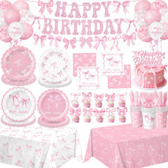 QIYANPAX pink bow plates, durable party dinnerware for easy cleanup.