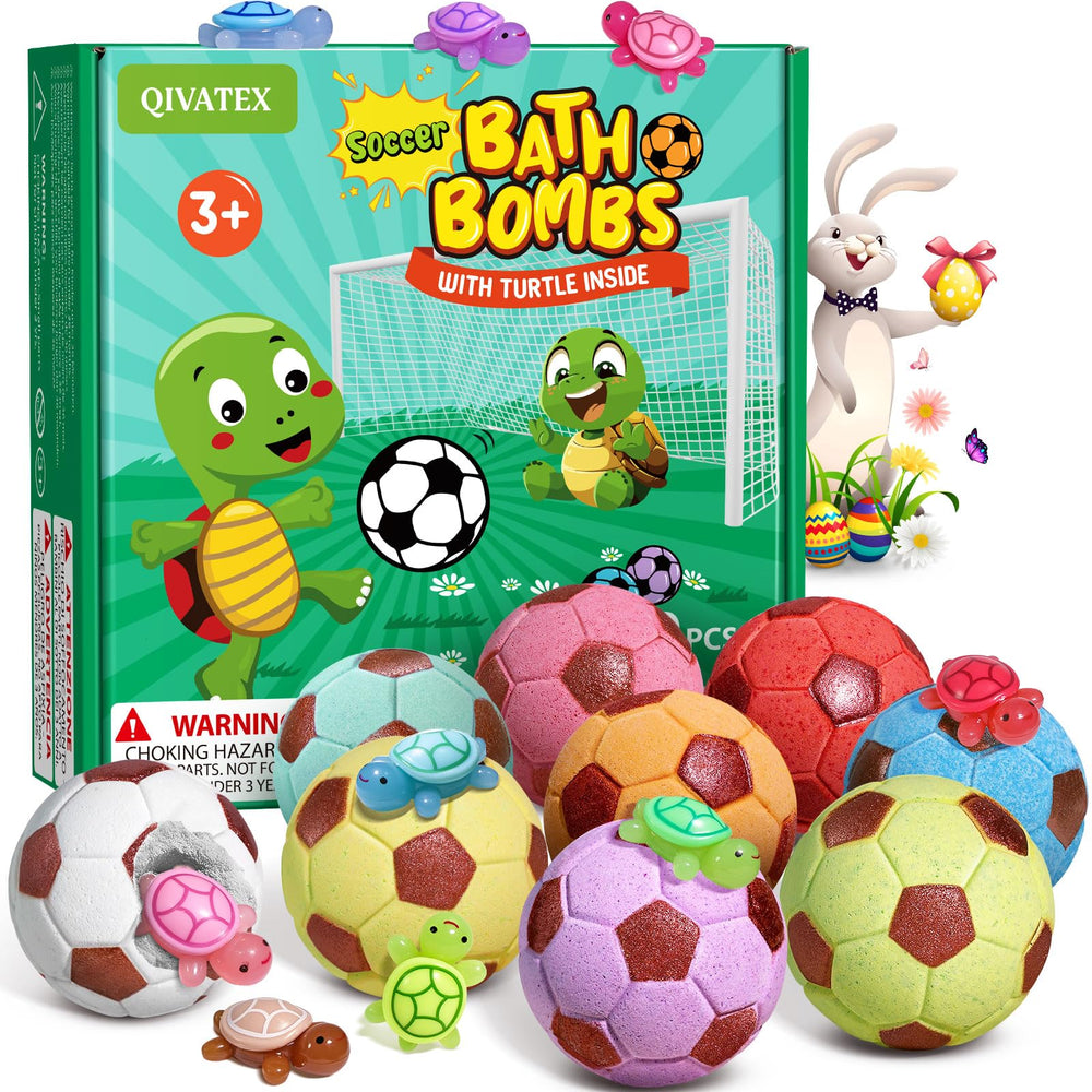 Qivatex bath bombs packaging with surprise toy inside for kid-friendly excitement.