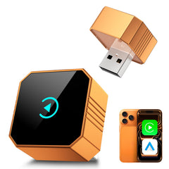 QJG wireless CarPlay adapter plugged into USB for wireless CarPlay in the vehicle
