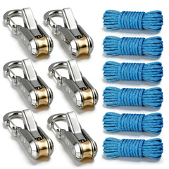 QLSVKSR 6-pack rope with roller tensioner shows quick tensioning for camping setups.
