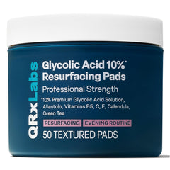 QRxLabs Glycolic Acid Pads jar closeup, smooths texture for daily exfoliation.