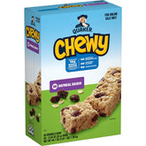 Quaker Chewy Granola Bars Oatmeal Raisin box on shelf, ideal pantry staple for busy mornings.
