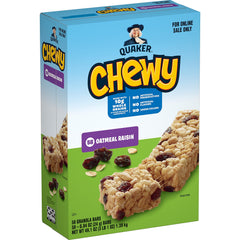 Quaker Chewy Granola Bars Oatmeal Raisin box on shelf, ideal pantry staple for busy mornings.