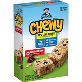 Quaker Chewy Lower Sugar Granola Bars Chocolate Chip packaging, convenient school lunch option.