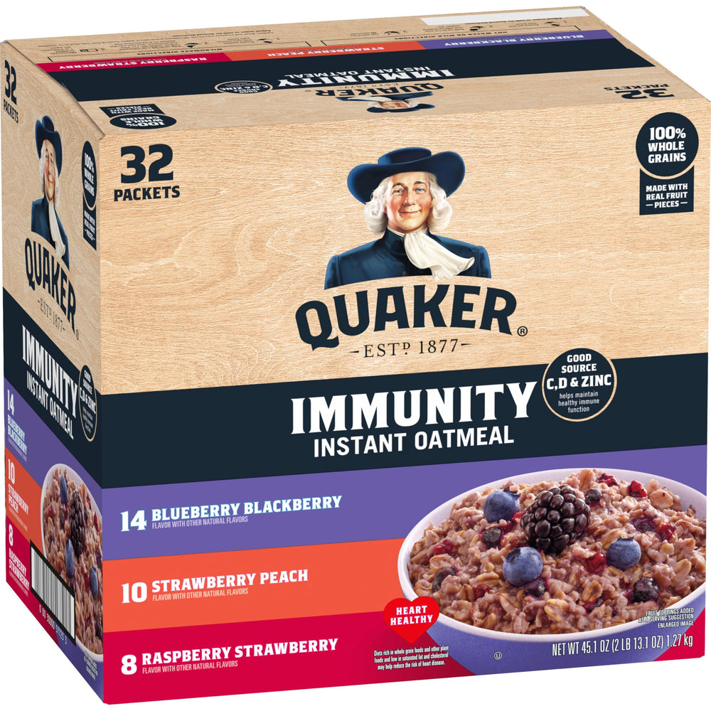 Quaker Immunity Instant Oatmeal box with 32 packets offers a quick and wholesome breakfast.