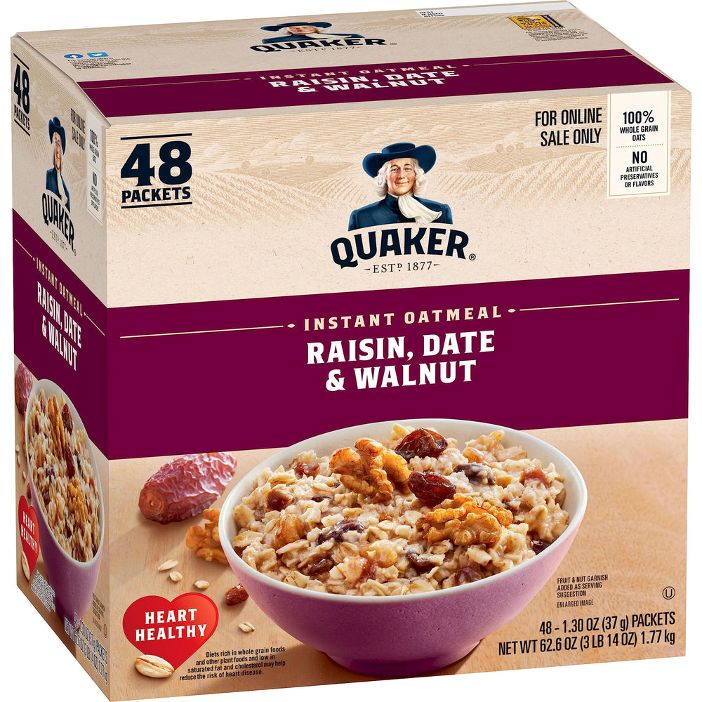 Quaker Instant Oatmeal Raisin Date Walnut pack 48 for a quick, fiber-rich breakfast.