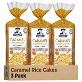 Quaker caramel rice cakes pack of 3 front view, crisp texture ideal with peanut butter