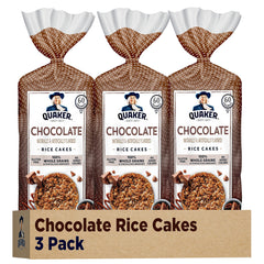 Quaker Large Rice Cakes Chocolate pack shows a gluten-free base for quick snack