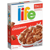 Quaker Life Multigrain Cinnamon cereal box—5 B vitamins per serving.