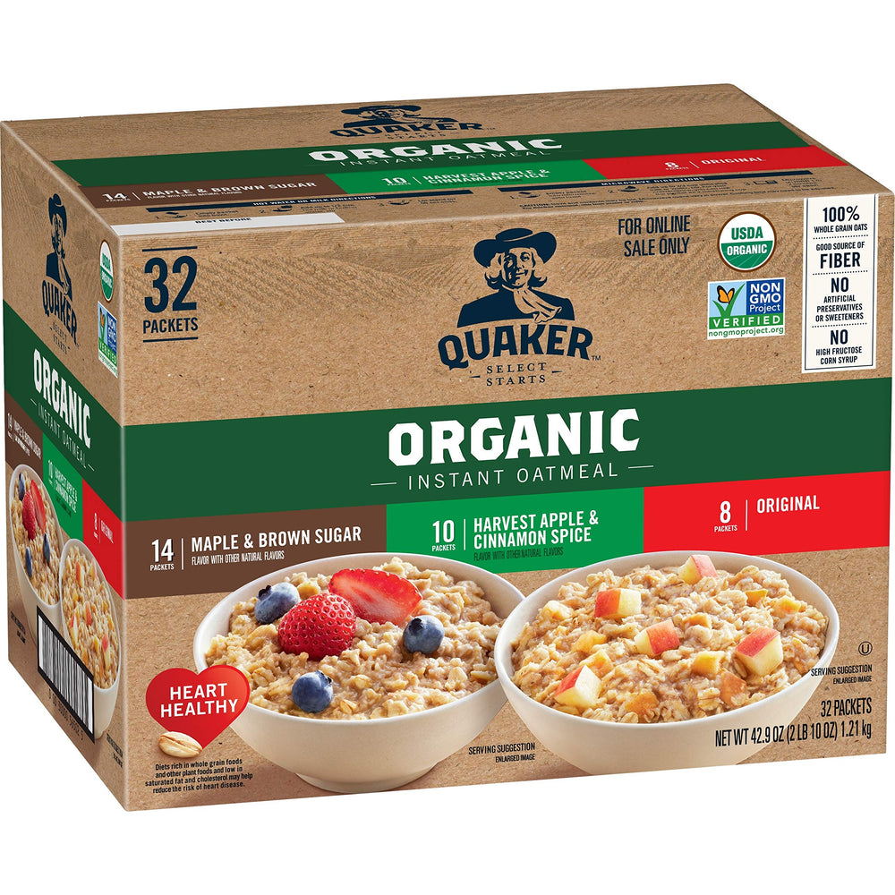 Quaker Organic Instant Oatmeal box front highlighting organic quality and convenience