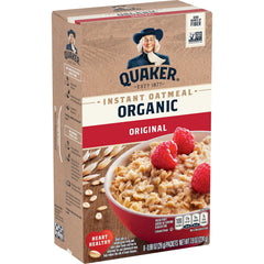 Quaker Organic Regular Oatmeal packaging varies for quick breakfasts.